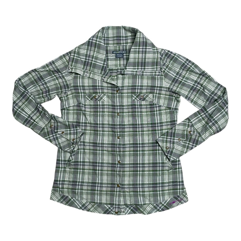 ExOfficio Women's Alba Plaid Long Sleeve Snap On Shirt Size Medium Green Plaid